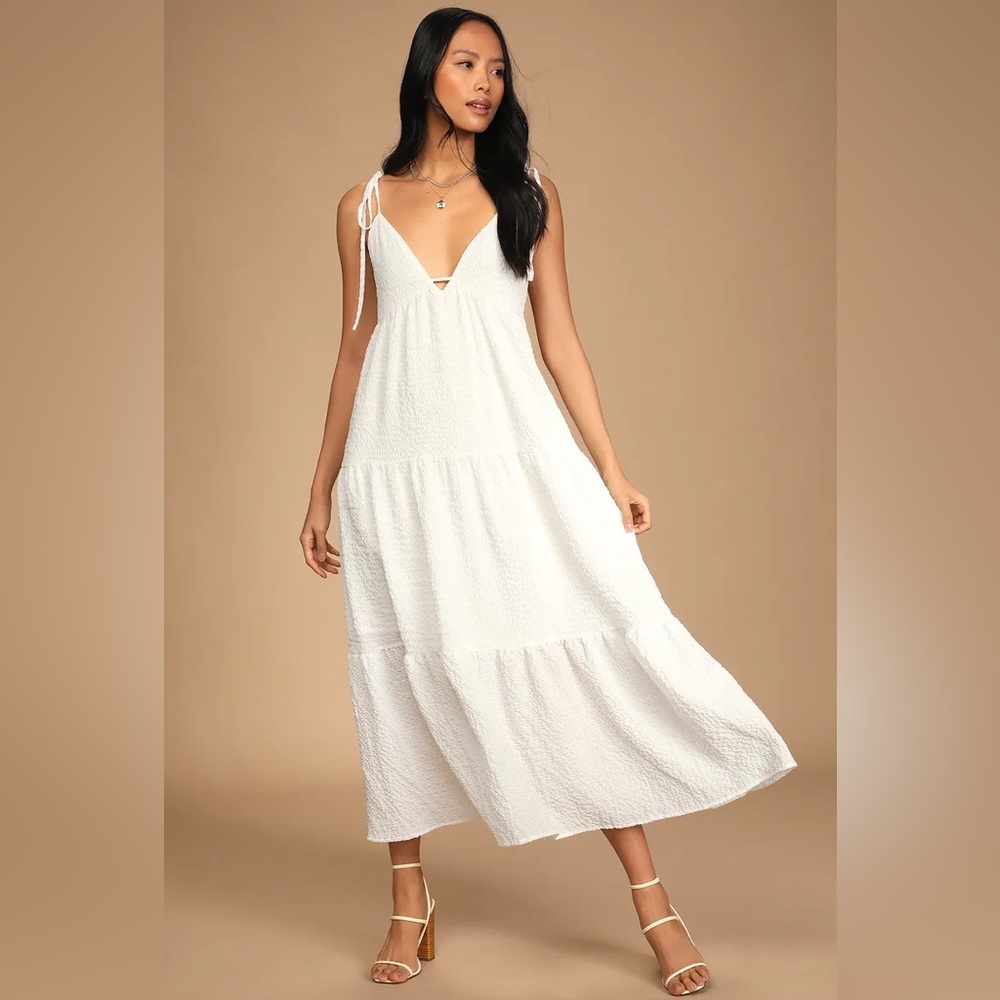 Lulu's White V-Neck Tiered Midi Dress - Picture 3 of 3